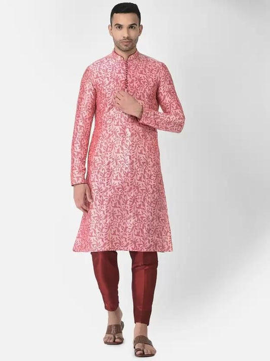 AHBABI Men's Printed Dupion Silk Kurta Pyjama Set Pink-Red